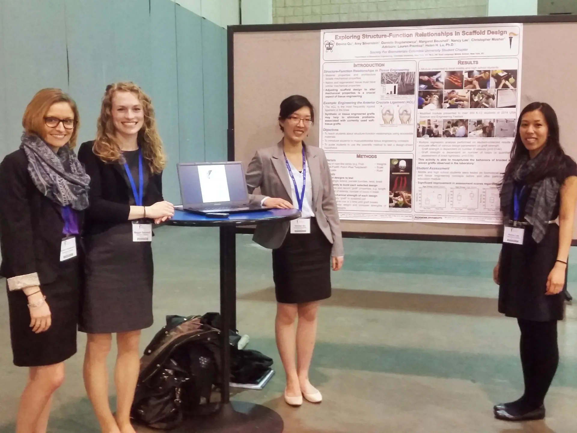 Danielle Bogdanowicz, Maggie Boushell, Dovina Qu, and Nancy Lee represent Columbia Society For Biomaterials in the Biomaterials Education Challenge at SFB 2015 and win 1st place! (Apr. 2015)